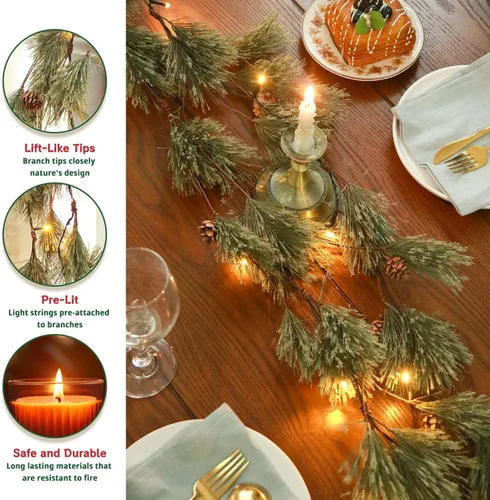 Vista 4 de Guirnalda de Navidad rústica de 6.4 pies con luz, preiluminada para exteriores con agujas de pino y piñas para chimenea, puerta, porche, repisa