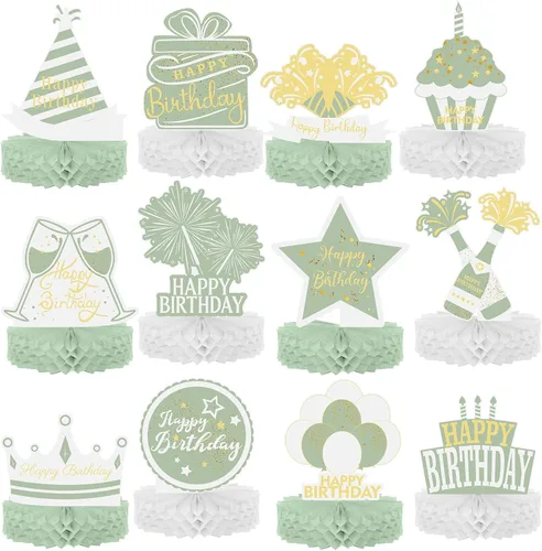 Vista 7 de Sabary - 12 centros de mesa de cumpleaños verdes y dorados para decoración Decoración de escritorio de feliz cumpleaños, centros de mesa de panal