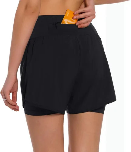 Vista 2 de Ksmien - Pantalones cortos de correr 2 en 1 para mujer, ligeros, para entrenamiento, gimnasio, yoga, forro con bolsillos para teléfono