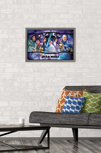 Vista 2 de Star Wars: Original Trilogy - Póster de pared con bandera, 22.4 pulgadas de largo x 14.7 pulgadas de ancho, versión enmarcada de madera de granero