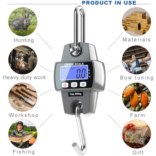 Vista 2 de Báscula digital portátil de 661.4 lbs con ganchos, báscula de juego de alta precisión, báscula electrónica resistente para colgar en granja, caza
