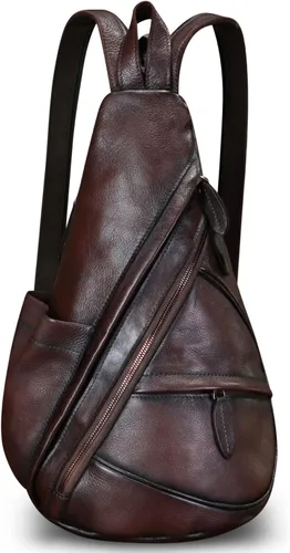 Vista 2 de Bolso bandolera de cuero genuino para hombres y mujeres, mochila de cuero para el pecho, bolsa cruzada de hombro