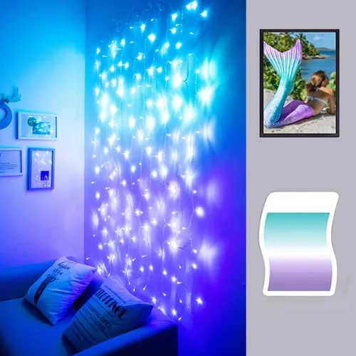 Vista 2 de Luces de cortina para recámara, cortinas iluminadas de pared, luces de cadena LED, luces de hadas colgantes en turquesa, teja azul, lavanda, lila