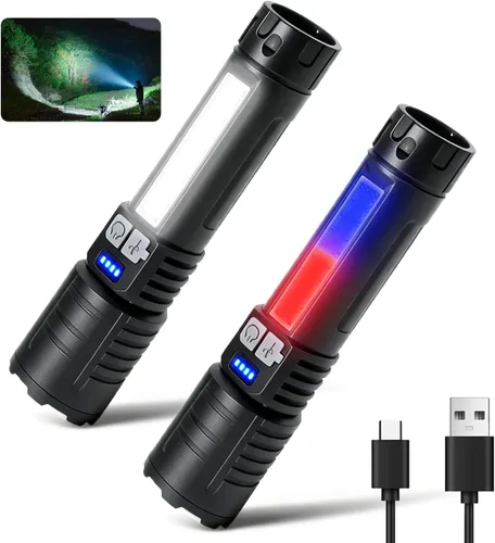 Vista 9 de Linterna táctica LED recargable, 3 modos, paquete de 2 Waterproof Zoomable Design, Adjustable Brightness Torch, Compact Handheld Size for