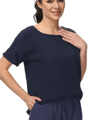 Vista 3 de Soojun - Blusa de algodón y lino para mujer, cuello redondo, diseño entramado