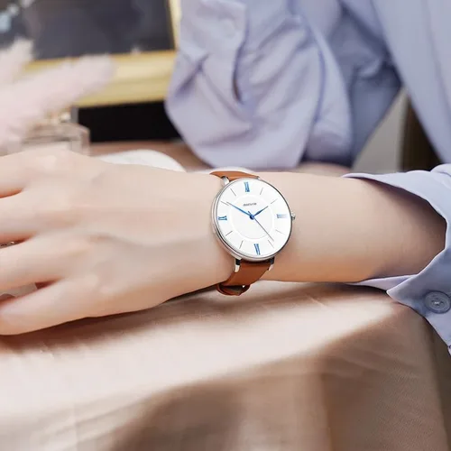 Vista 5 de Reloj de pulsera delgado de cuarzo para mujer con correa de cuero reloj redondo casual
