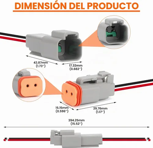Vista 2 de 6 Juegos de Kit de Conectores Deutsch de 2 Pines – Conectores Eléctricos Impermeables 16 AWG, Conectores de Cable Automotriz IP67 (Macho y Hembra)