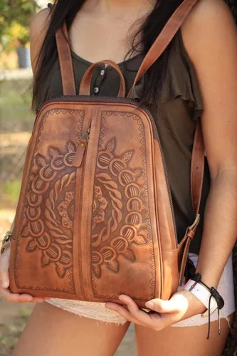 Vista 3 de Mochila para mujer, piel auténtica, bandolera de mano