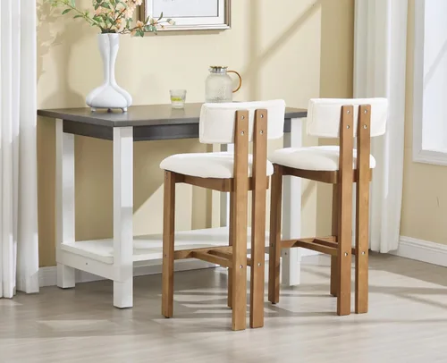Vista 6 de Shunzhi Juego de 2 taburetes de bar tapizados de felpilla blanca con respaldo/patas de madera maciza, modernas sillas de bar altas para isla