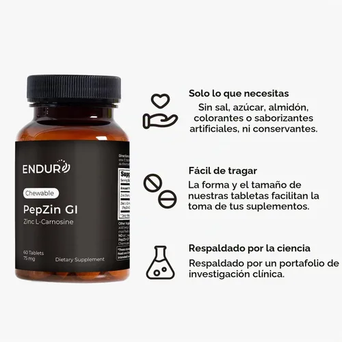 Vista 5 de ENDUR PepZinGI Zinc Carnosine 75mg, tabletas masticables, 60 tabletas PepZinGI® patentado, 59 mg de L-carnosina, 16 mg de zinc, comodidad gástrica