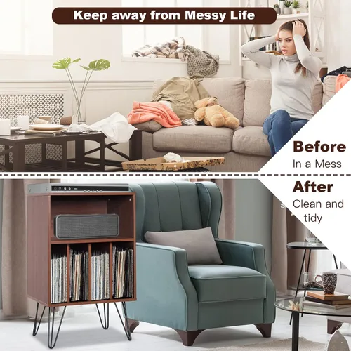 Vista 9 de Tangkula Record Player Stand, Turntable Stand with Metal Legs, Vinyl Record Storage Cabinet w/ 5 Open Shelves Holds up to 150 Albums for Living Room