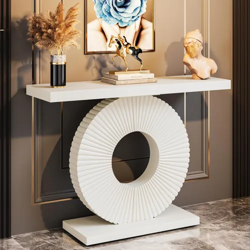 Vista 9 de Tribesigns Mesa consola moderna con base geométrica, mesa de entrada de madera de 40 pulgadas, mesa de sofá estrecha y larga, mesa decorativa