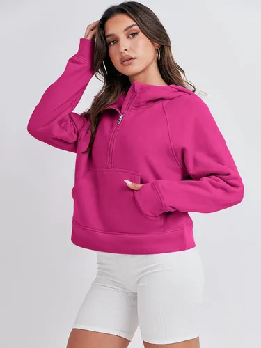 Vista 4 de ANRABESS Sudaderas con capucha corta con media cremallera para mujer, sudadera de forro polar con cremallera de un cuarto, ropa de invierno 2023