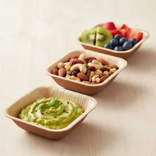 Vista 4 de Cuencos mini cuadrados desechables de hoja de palma de 2.5" (100 piezas) Similar al bambú Todo natural y biodegradable Para tablas