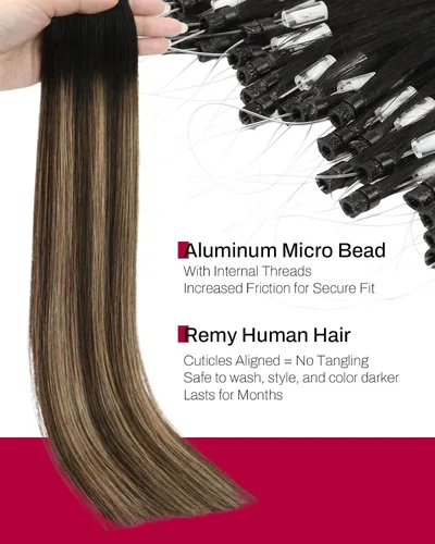 Vista 3 de Moresoo - Extensiones de cabello humano real con microcuentas, color negro y rubio caramelo 20 inch, 50g 50 strands, no heat no glue, cool blonde