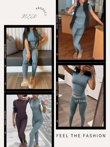 Vista 4 de YETOWA Conjunto de entrenamiento casual para mujer, 2 piezas, pantalones cortos, conjuntos de yoga, manga corta, leggings elásticos de cintura alta