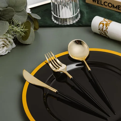Vista 5 de N9R Juego de cubiertos de plástico dorado - 90 piezas con mango negro - Cubiertos de plástico elegantes, resistentes - 30 cucharas, 30 tenedores, 30