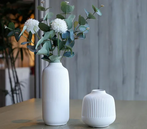 Vista 3 de Jarrones blancos mate para decoración del hogar, centros de mesa a rayas, moderno, bohemio, juego de 2 para flores, hierba de pampas, mesa, manto