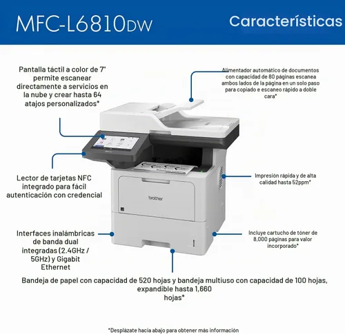 Vista 2 de Brother MFC-L6810DW Impresora láser monocromática empresarial todo en uno, gran capacidad de papel, redes inalámbricas, funciones de seguridad
