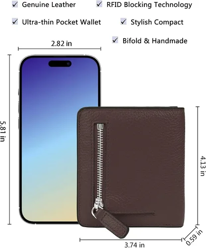 Vista 5 de BIG SALE-AINIMOER billetera de bolsillo pequeña con cremallera, plegable, compacta de cuero con bloqueo por identificación por radiofrecuencia