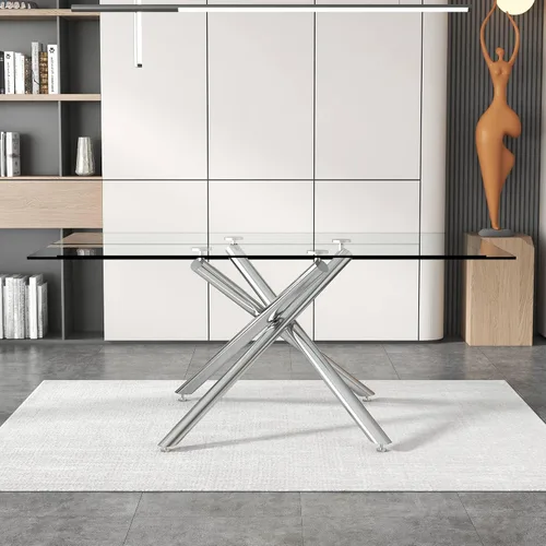Vista 4 de Mesa de comedor rectangular de cristal minimalista grande y moderna para 4 y 8 personas con mesa de vidrio templado de 0.39 pulgadas y patas