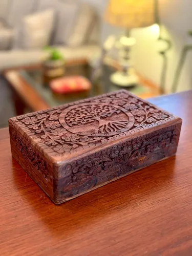 Vista 2 de Gran regalo de cumpleaños, caja de joyería decorativa de madera hecha a mano, organizador de joyas tallado en árbol de la vida, caja de recuerdos