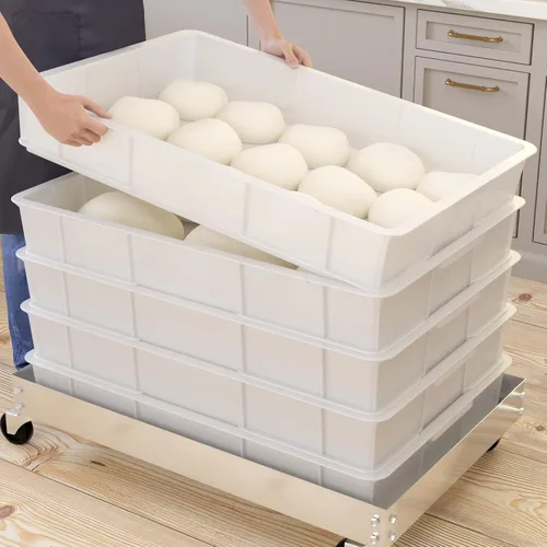 Vista 5 de Caja comercial plástica de la prueba de la masa de la pizza, contenedor apilable blanco de la pizza con la tapa, paquete de 4 Commercial-Grade