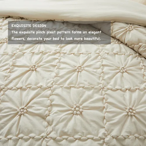 Vista 3 de BEDAZZLED Juegos de Edredón Tamaño Queen, Juego de Ropa de Cama Edredón Beige, 3 Piezas Juegos de Ropa de Cama con Pliegues Pinzados con Edredón
