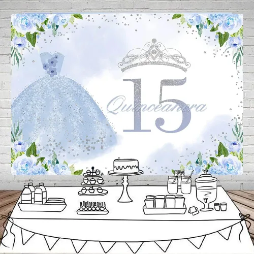 Vista 2 de Mocsicka Telón de fondo de cumpleaños de quinceañera para niña, decoración de fiesta de cumpleaños con diseño floral azul de 15 años, fondo