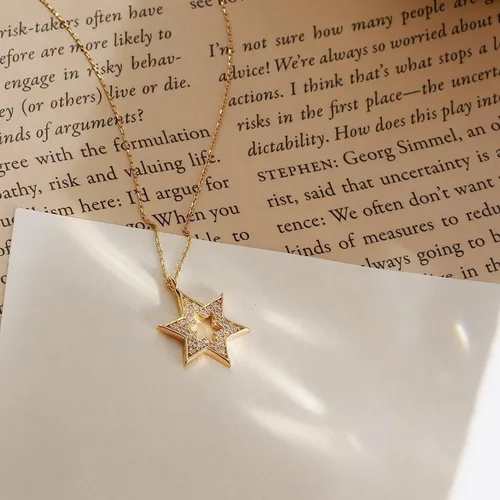 Vista 6 de Gelin Collar de estrella de David de oro macizo de 14 quilates para mujer, Oro, Circonia cúbica