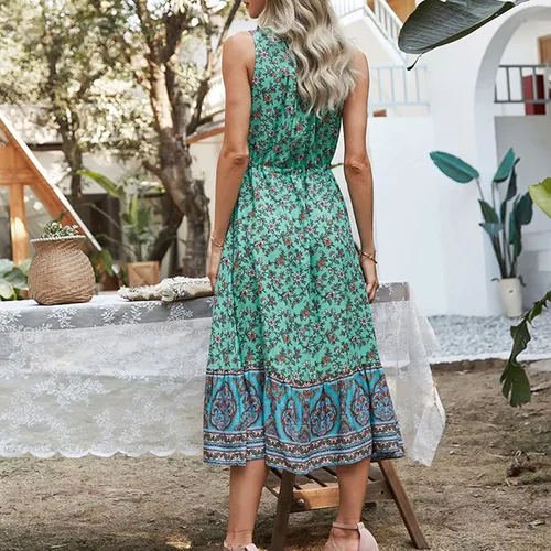 Vista 2 de Women's Long Sleeve Bodycon Dress Daily V-Neck Waist Ethnic Print Sleeveless Dress Sun Dresses Summer Casual