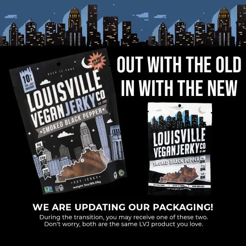 Vista 6 de Louisville Vegan Jerky - Carne vegana y vegetariana de pimienta negra ahumada, 0.67 oz de proteína de soja sin OMG, 310 calorías por bolsa