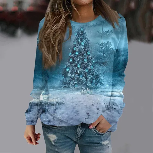 Vista 4 de Conjunto de manga larga con estampado navideño para mujer, cuello redondo, informal, holgada, para ocultar el vientre