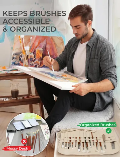 Vista 5 de DUGATO Soporte para pinceles de pintura de lienzo y organizador de almacenamiento, bolsa enrollable (beige, 30 ranuras) Durable Canvas Organizer