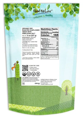 Vista 2 de Food to Live Semillas de girasol tostadas y saladas orgánicas, 8 onzas de granos sin OMG, veganas, kosher, a granel, descascarilladas, altas