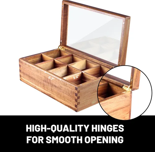 Vista 4 de KITEISCAT Caja organizadora de té de madera de acacia, 8 compartimentos, solución de almacenamiento multifuncional para bolsitas de té
