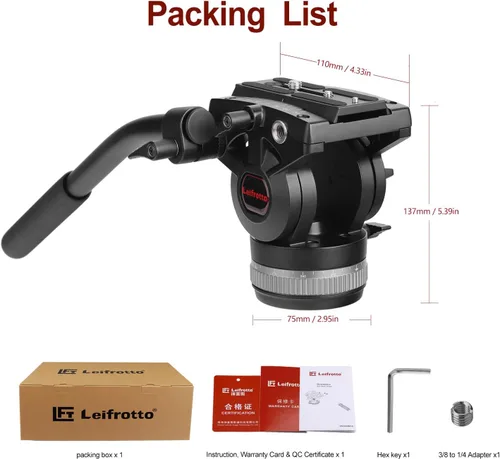 Vista 8 de Cabeza fluida de 2.953 in Base de trípode con mango Placa de liberación rápida resistente para cabezal de video Manfrotto, carga de hasta 33 libras