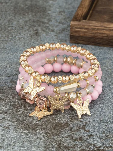 Vista 2 de 4pcs Butterfly Bohemian Beaded Stackable Stretch Bracelet Set Elastic Colorful Charm Multi-Layer Butterfly Crystal Stone Stretch Bracelets
