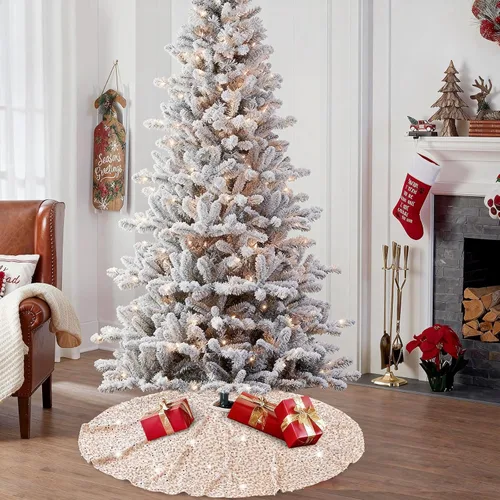 Vista 5 de Faldón para árbol de Navidad dorado champán de 24 pulgadas, redondo, mini, con lentejuelas, para decoraciones de vacaciones, faldón para árbol