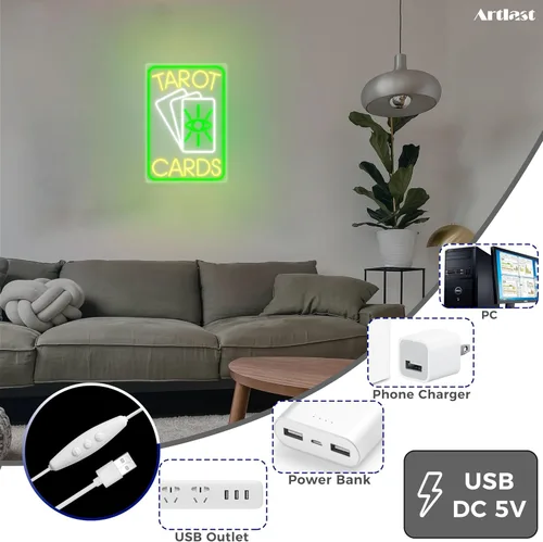 Vista 3 de Tarjetas de tarot de neón LED psíquica abierta tienda decoración ventana verde tarjetas de tarot luz de neón para decoración de pared de habitación