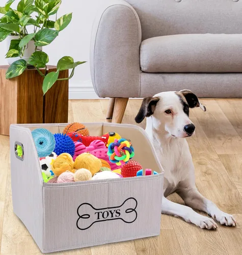 Vista 3 de Geyecete Contenedor de almacenamiento de juguetes para perros con mango de madera, cesta organizadora rectangular decorativa de fieltro suave