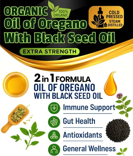 Vista 4 de Aceite de orégano con aceite de semilla negra – 400 porciones, aceite de orégano orgánico silvestre 2 en 1 con aceite de semilla negra para apoyo