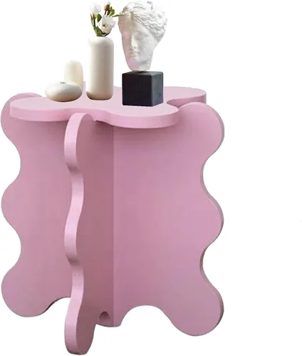 Vista 14 de HM&DX Mini mesa de centro de pétalos, mesa auxiliar de madera maciza con ondas de dibujos animados con patas en forma de X, mesas auxiliares
