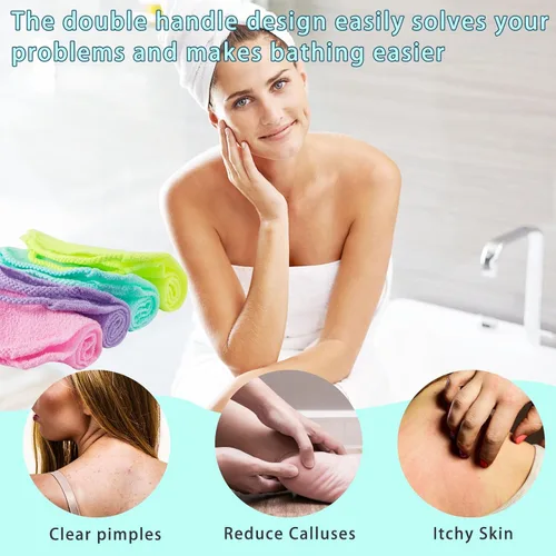 Vista 5 de 4 piezas exfoliante de espalda con asas, exfoliante de espalda de nailon de longitud extendida, paño exfoliante elástico, correa de tirar, limpiador