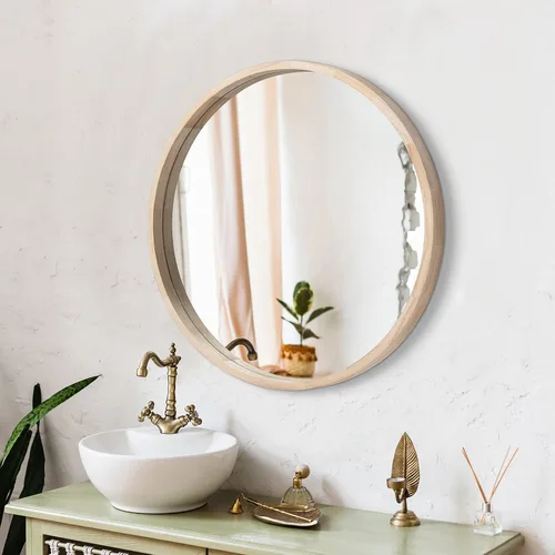 Vista 8 de LYYYXGYP Espejo redondo de madera de 24 pulgadas, espejo de pared de granja con marco de madera, espejo circular marrón para baño Espejo de baño