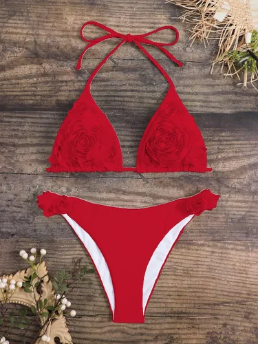 Vista 6 de OYOANGLE Conjunto de bikini de 2 piezas para mujer, sexy, con lazo, halter y triángulo, traje de baño floral