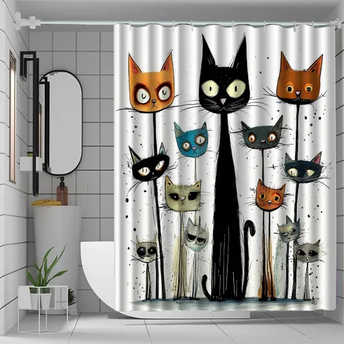 Vista 4 de Divertidos juegos de cortinas de ducha con diseño de gato, bonita cortina de ducha para niños, tela lavable y duradera, cortina de ducha de 72 x 72