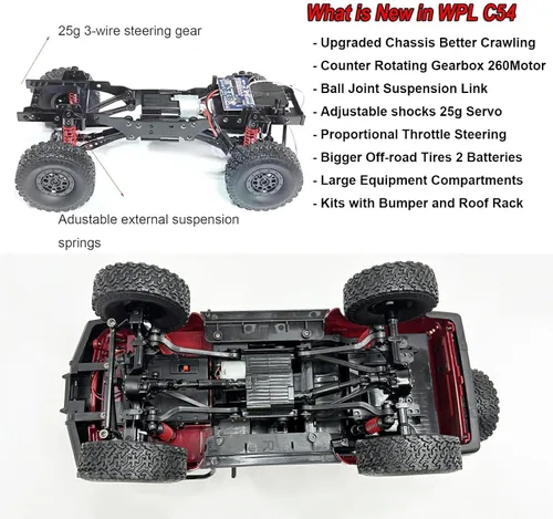 Vista 5 de RC Rock Crawler 4x4 RC Camión WPL C54 1/16 RC Rastreador RTR Camión de Control Remoto Todo Terreno 2.4G con Dirección Proporcional Motor 260, Nueva