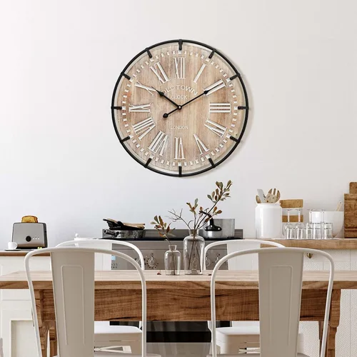 Vista 7 de Reloj de pared grande de granja, reloj de pared de madera rústica de 24 pulgadas decorativo con círculo de metal y números grabados, funciona