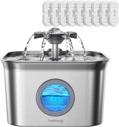 Vista 10 de Fuente de agua para gatos de acero inoxidable, 2.8 L con bomba ultra silenciosa de 20 dB, ideal para mascotas tímidas, ventana LED de nivel de agua